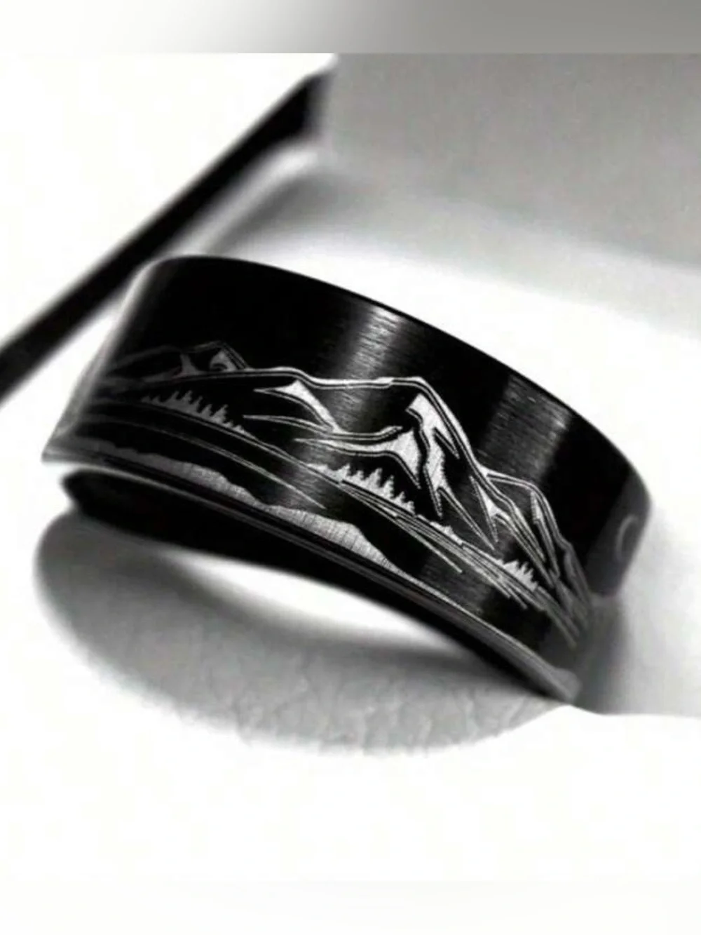 Black Mountain & Wolf Engraved Stainless Steel Ring, Wilderness Ring